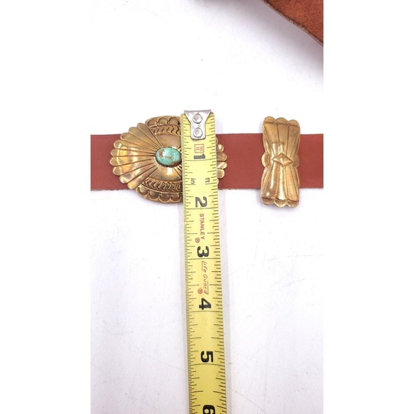 Vintage Handmade Brass Leather Navajo Concho Belt Turquoise Butterfly 32"-37" - Picture 6 of 12